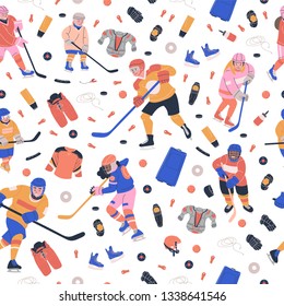 Seamless pattern with ice hockey game equipment and happy male and female kids playing hockey. Vector flat texture
