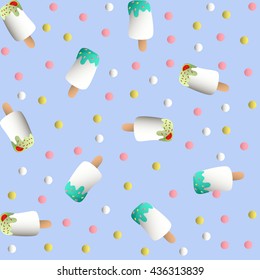 Seamless pattern with ice lolly and colorful round candy, on a light blue monochromatic background