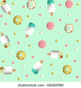 Seamless pattern with ice lolly, cookies in a pink glaze, donuts with cream and sprinkles and colorful round candy, on a light turquoise monochromatic background