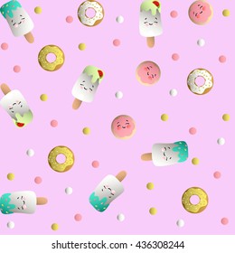 Seamless pattern with ice lolly, cookies in a pink glaze, donuts with cream and sprinkles with smile faces and colorful round candy, on a light pink monochromatic background