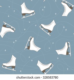 Seamless pattern with ice skates, blade trails and sparkles