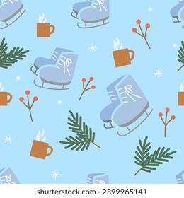 seamless pattern with ice skates, mug and fir branch