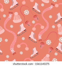 Seamless pattern with ice skates and pink winter clothes. Vector graphics.