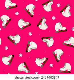 Seamless pattern with ice skates and snowflakes on a pink square background. Vector illustration.