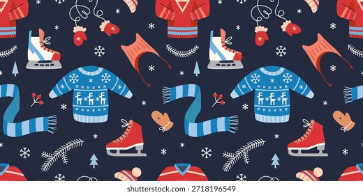 Patrón sin fisuras con equipo de patinaje sobre hielo y prendas de vestir para el deporte invernal, el ocio y el Ocio al aire libre. Ilustración vectorial de moda en un fondo oscuro, dibujado a mano, diseño plano