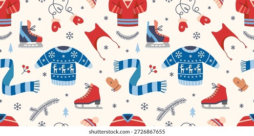 Nahtloses Muster mit Eislaufausrüstung und Kleidung für Wintersport, Freizeit und Erholung im Freien. Trendige Vektorgrafik auf hellem Hintergrund, handgezeichnet, flaches Design