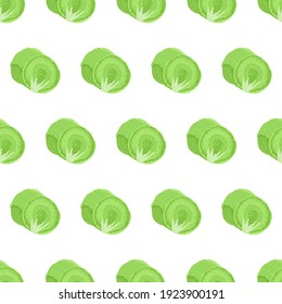 Seamless pattern with iceberg lettuce cut in half and whole vegetable. Organic food textile. Hand drawn vector nature graphic background.
