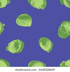 Seamless pattern of iceberg lettuce on vibrant purple background. Bright and playful food design with repeating vector cabbage heads.