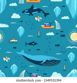 Seamless Pattern with Iceberg, Mammals, Fish, Map, Lighthouse, Sun, Clouds and Ship. Vector Illustration
