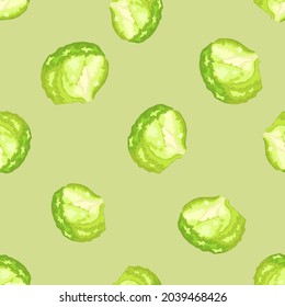 Seamless pattern iceberg salad on pastel green background. Simple ornament with lettuce. Random plant template for fabric. Design vector illustration.