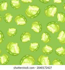 Seamless pattern iceberg salad on bright green background. Modern ornament with lettuce. Random plant template for fabric. Design vector illustration.
