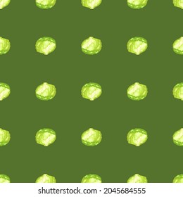 Seamless pattern iceberg salad on green background. Simple ornament with lettuce. Geometric plant template for fabric. Design vector illustration.