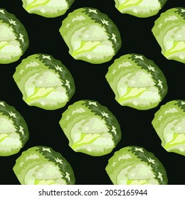 Ensalada de témpano sin foco sobre fondo negro. Ornamento con lechuga. Plantilla de planta geométrica para tela. Diseñar ilustración vectorial.