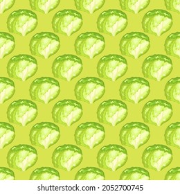 Seamless pattern iceberg salad on bright green background. Simple ornament with lettuce. Geometric plant template for fabric. Design vector illustration.