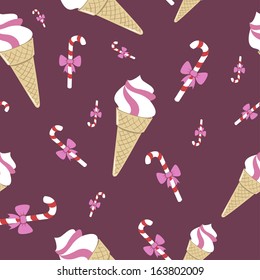 Seamless pattern with ice-cream and candy. Violet background