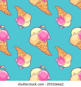 Seamless pattern with ice-cream cone in tasty bright colors.