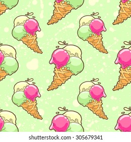 Seamless pattern with ice-cream cone in tasty bright colors.