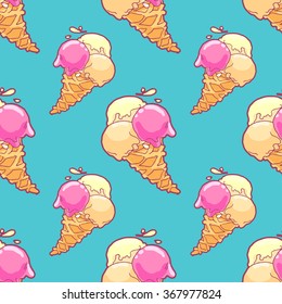 Seamless pattern with ice-cream cone in tasty bright colors.
