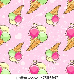 Seamless pattern with ice-cream cone in tasty bright colors.