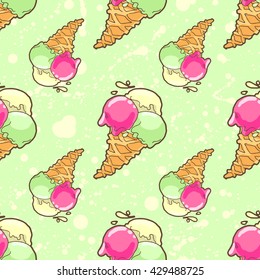 Seamless pattern with ice-cream cone in tasty bright colors.