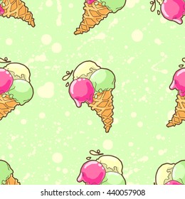 Seamless pattern with ice-cream cone in tasty bright colors.