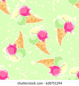 Seamless pattern with ice-cream cone in tasty bright colors.