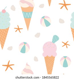 Seamless pattern of icecream cones with shells. beach ball, and starfish on a white background.