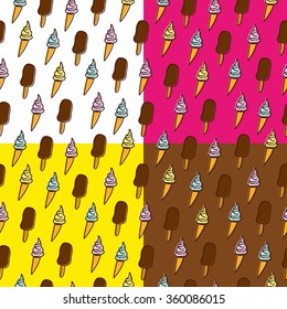 Seamless pattern with ice-cream on 4 different backgrounds
