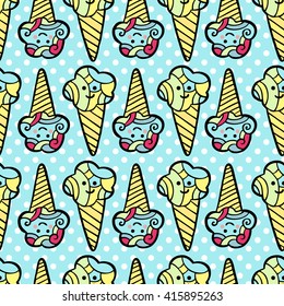 Seamless pattern with ice-cream on blue dotted background. Vector illustration.