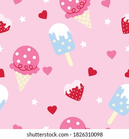 Seamless pattern ice-cream on pink background decorate strawberry, heart shape and star.