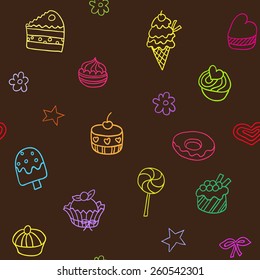 Seamless pattern with ice-cream, pie and cupcakes.  Endless texture for wallpaper, fill, web page background, surface texture. 