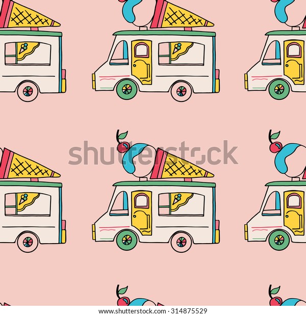 Seamless\
pattern with ice-cream truck in doodle\
style.