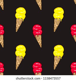 Seamless pattern with ice-cream  waffle on black background.Comics style.
