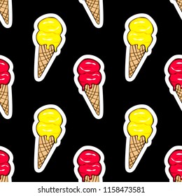 Seamless pattern with ice-cream  waffle stickers  on black background.Comics style.