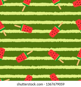 Seamless pattern with ice-cream in watermelon design. Green striped background. Design for fabric, paper, textile, scrap paper. Vector