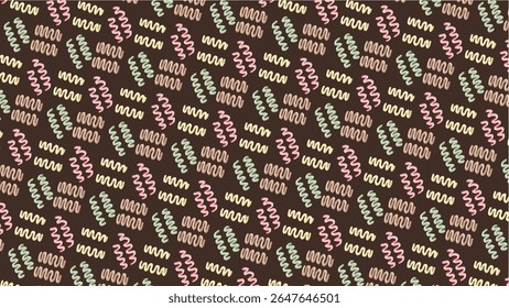 Seamless pattern of icing zigzag shapes in pastel candy tones on dark chocolate background. Bakery themed repeat texture