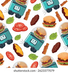 Patrón sin fisuras con un icono de un robot de entrega de alimentos autónomo sobre ruedas con una hamburguesa de queso en una cúpula transparente con alimentos, el concepto de aplicar tecnologías modernas