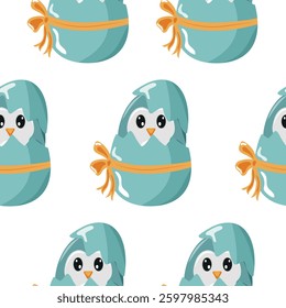 seamless pattern with an icon of a blue penguin sitting in a blue egg with a bow, design for Easter decorations