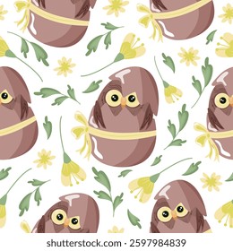 seamless pattern with an icon of a brown owl sitting in a brown egg with a bow and with colorful flowers, design for Easter decorations