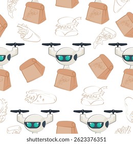 padrão perfeito com ícone de drone courier voando com pacote de pizza de papel e ícones de comida, conceito de uso de tecnologias modernas