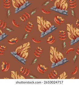 seamless pattern with an icon of fried sausages on an open fire on a wooden stick with green leaves and a bright hearth with gray stones around it on a red background