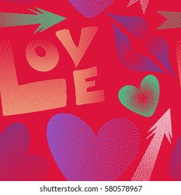 Seamless pattern of icon love symbols. Vector romantic design in red, purple and violet colors. Flat design of hearts, cupid's arrow, lipstick kisses and love word.
