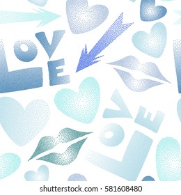 Seamless pattern of icon love symbols on a white. Vector design in blue colors. Flat design of hearts, cupid's arrow, lipstick kisses and love word.