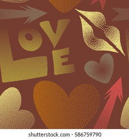 Seamless pattern of icon love symbols. Vector romantic design in pink, orange and yellow colors. Flat design of hearts, cupid's arrow, lipstick kisses and love word.