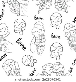 seamless pattern with an icon of melting ice cream in a waffle cup flowing down your hands, in line art style