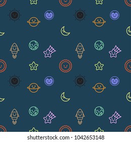 Seamless pattern with icon set of space object on dark background, vector