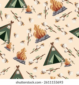 seamless pattern with an icon of a small green tent for hiking or camping and a bright bonfire and marshmallows on a stick on a brown background