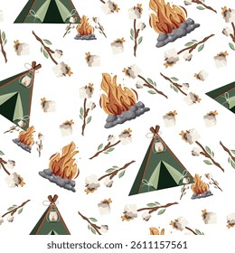 seamless pattern with an icon of a small, green tent for hiking or camping and a bright bonfire and marshmallows on a stick