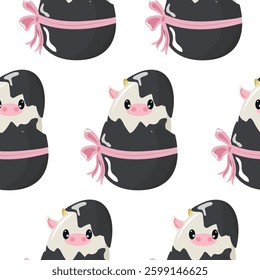 seamless pattern with an icon of a spotted cow sitting in a black egg with a bow, design for Easter decorations	