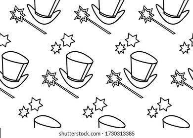 Seamless pattern with Icon, symbol of a magician, wizard or conjurer. Top hat, shiny magic wand. Contour vector black and white texture. Party poster, advertising, banner, placard design template